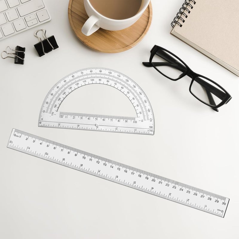 Tdfronien 2 Packs 12 Inch Plastic Ruler and 6 Inch Plastic Protractor Set Clear Math Geometry Set Classroom Set Angle Detector School Supplies Classroom Ruler Home Office Drawings (Transparent) - Image 5
